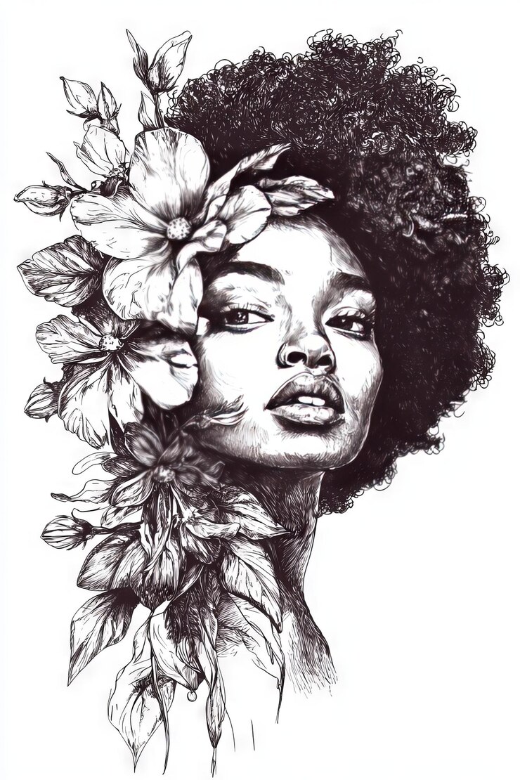 Afro chica con flores grabado aislado en fondo blanco ar 23 calidad 2 estilo crudo estilizar 75 v 61 ID de trabajo 95b1a3ac05174fc69baafbf60e96fc09