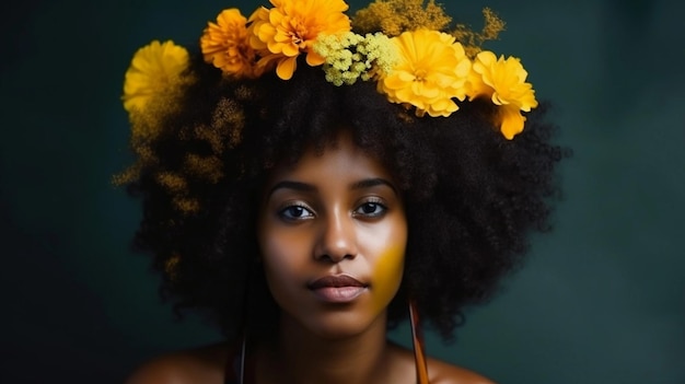 Afro-Frauenporträt mit gelben Blumen auf dem Kopf