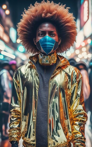 Afro futurista colorido vendedor callejero del mercado.