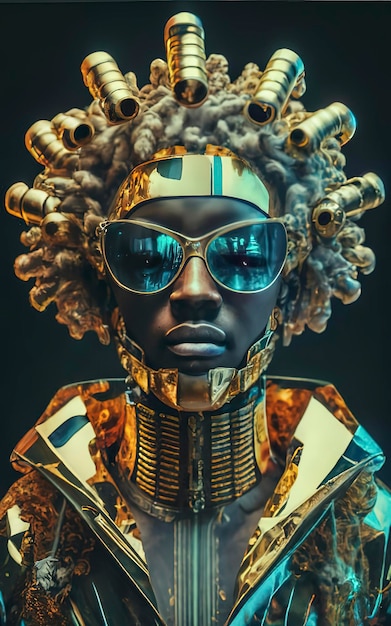 Foto afro futurista colorido vendedor callejero del mercado.