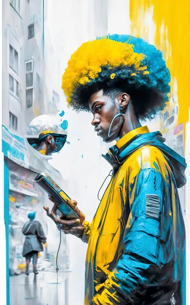 Afro futurista colorido vendedor callejero del mercado.