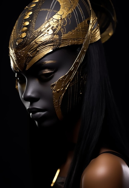 Afro guerreiro Rainha em máscara dourada trajes de guerreiro completo modelo de pele escura bonita traje de fantasia