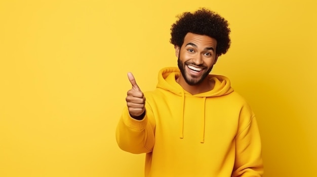 Afro Hombre joven con capucha que lleva el dedo apuntando espacio vacío promover el producto aislado en fondo de color amarillo