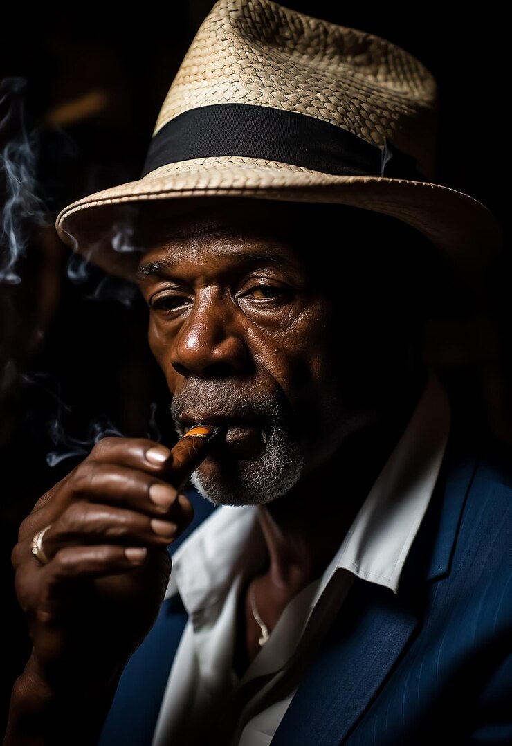 Foto afro homem velho em estilo de roupa vintage vestindo chapéu clássico e fumando um charuto