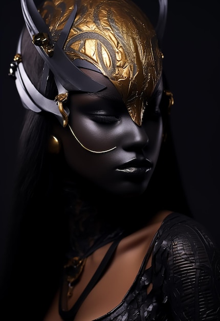 Afro-Krieger-Königin in goldener Maske voller Kriegerkostüme schönes dunkelhäutiges Modell Fantasy-Kostüm