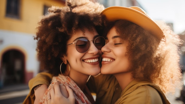 Afro-lesbisches Paar, das sich liebevoll umarmt und auf der Straße lächelt