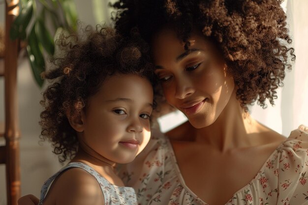 Foto afro mãe e filha fazendo uma fotografia sessi