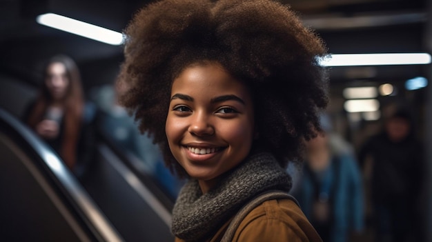 Afro-Mädchen mit einem Lächeln auf der U-Bahn-Rolltreppe Generative KI