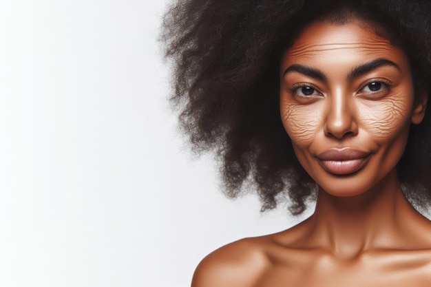 afro mulher rugas que aparecem no rosto e corpo como a pele perde elasticidade em um espaço de cópia de fundo branco