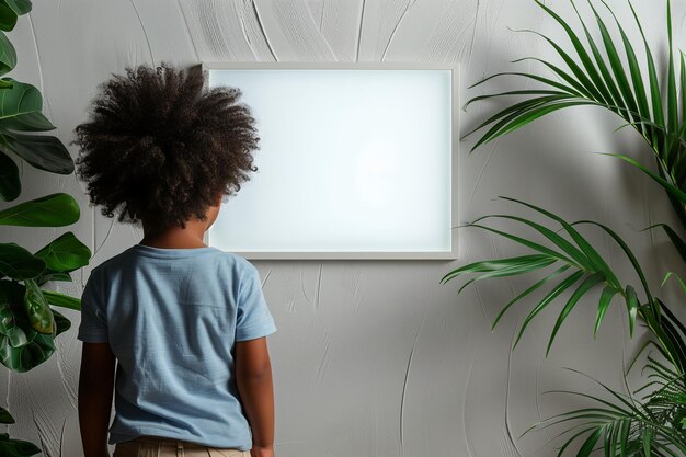 Foto afro niño mirando la imagen de maqueta blanca en la habitación con plats foto de alta calidad