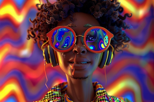 Afro personaje de dibujos animados que va a la música electrónica