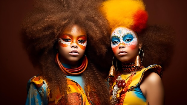 Afro Twins Girls-Modelle in Vintage-Mode, buntem Kleid und lockiger Frisur