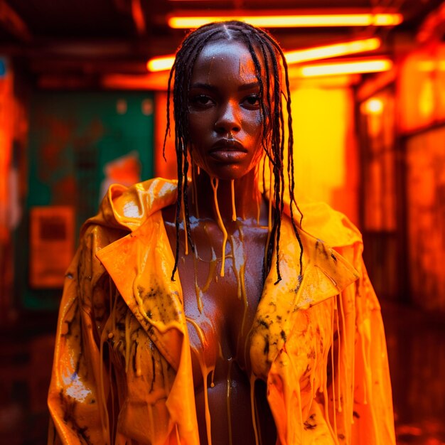 Foto afroamericana bella con chaqueta amarilla aberta goteando pintura amarilla foto colores neon tokyo