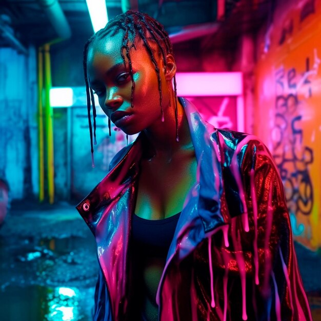 Afroamericana negra bella de cabello corto con chaqueta ocura aberta goteando pintura rosa fluorescente foto colores neon tokyo