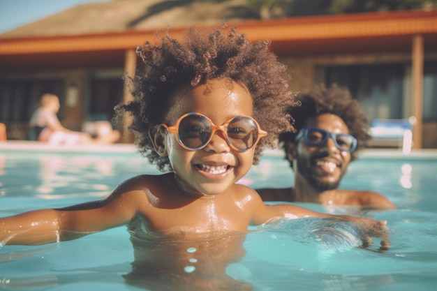 Afroamericano y bebé feliz jugando en la piscina durante las vacaciones de verano