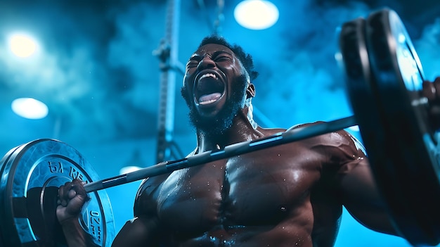 Foto un afroamericano musculoso levanta pesas en un gimnasio con poca luz está sudando y gritando por el esfuerzo