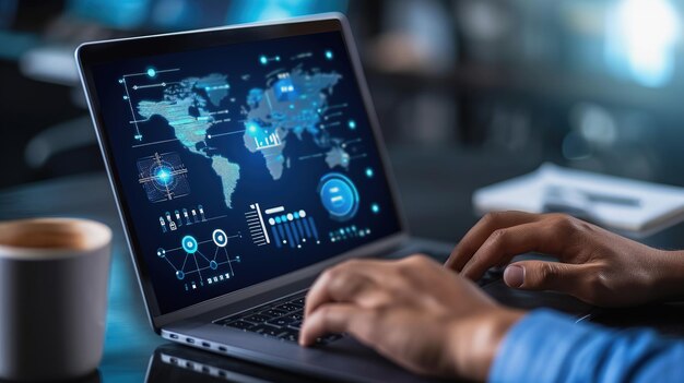 Afroamerikaner analysiert globale Daten auf einem Laptop im Büro