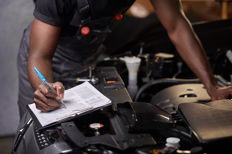 Foto afroamerikaner, der motorhaube repariert und notizen im notizbuch macht