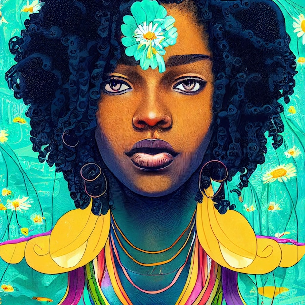 Afroamerikanerfrauenporträt mit bunter Illustration der Blumen