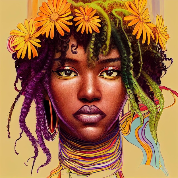 Afroamerikanerfrauenporträt mit bunter Illustration der Blumen