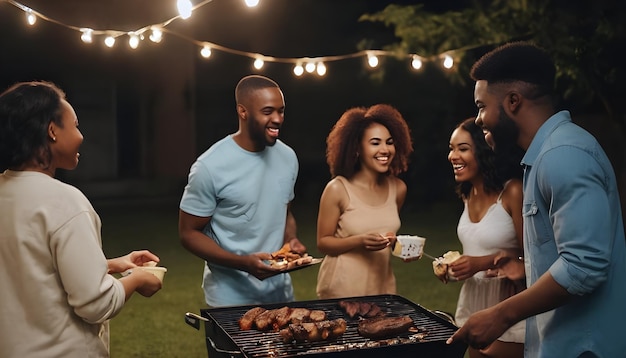 Foto afroamerikanische familie und freunde haben spaß auf einer barbecue-nachtparty im freien