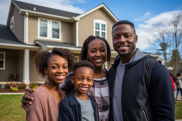 Afroamerikanische Familie vor neu gekauftem Haus lächelt stolz