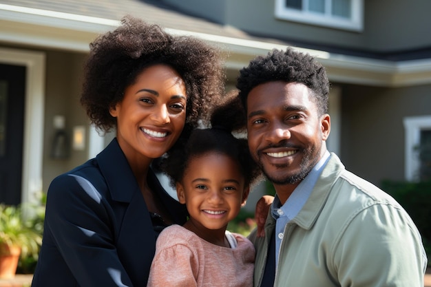 Afroamerikanische Familie vor neu gekauftem Haus lächelt stolz