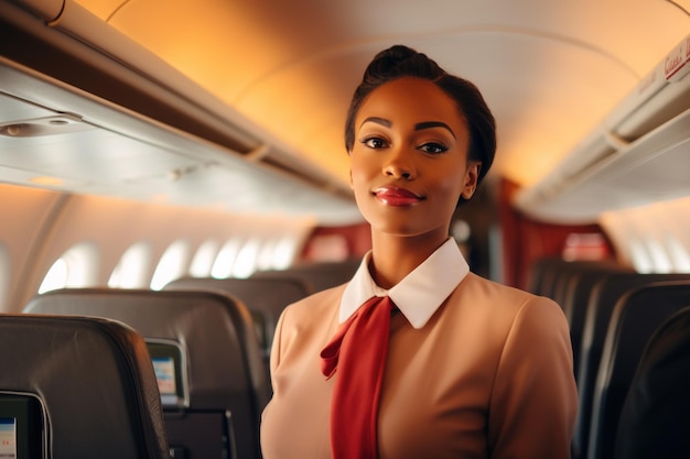Afroamerikanische Frau arbeitet als Flugbegleiterin Weibliche Stewardess im Innenraum des Flugzeugs