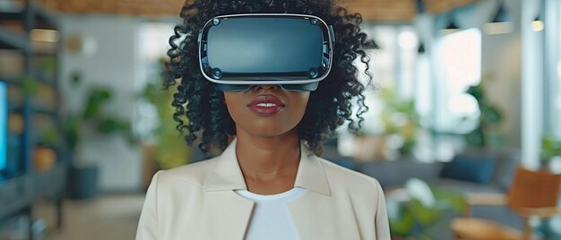 Afroamerikanische Frau arbeitet beiläufig im Büro und nutzt ein Tablet und eine virtuelle Schnittstelle, während sie ein VR-Headset trägt