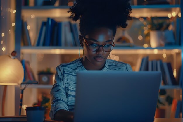 Afroamerikanische Frau arbeitet nachts im Home Office im Afrofuturismus-inspirierten Stil