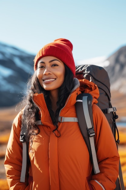 Afroamerikanische Frau, die allein in Kanada reist. Porträt mit See und Bergen im Hintergrund. Sie trägt eine orangefarbene Jacke und einen Rucksack