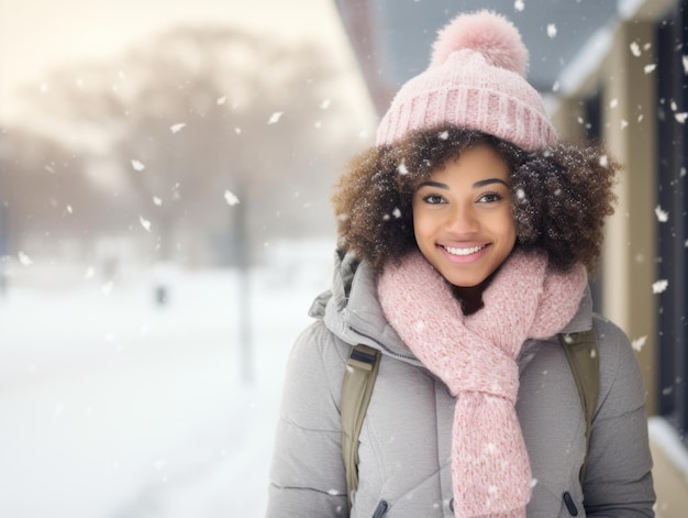 afroamerikanische Frau genießt den winterlichen schneebedeckten Tag in einer spielerischen, emotionalen, dynamischen Pose