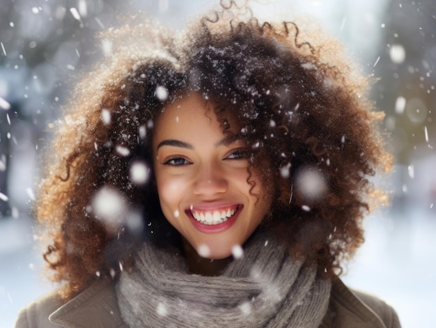 afroamerikanische Frau genießt den winterlichen schneebedeckten Tag in einer spielerischen, emotionalen, dynamischen Pose