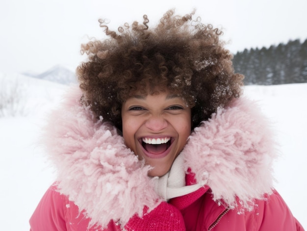 afroamerikanische Frau genießt den winterlichen schneebedeckten Tag in einer spielerischen, emotionalen, dynamischen Pose