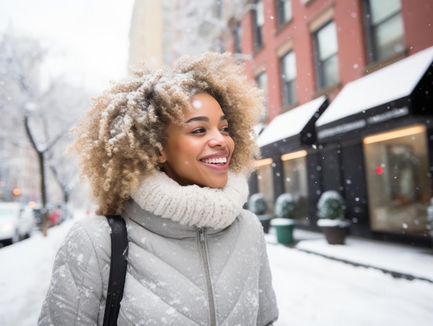 afroamerikanische Frau genießt den winterlichen schneebedeckten Tag in einer spielerischen, emotionalen, dynamischen Pose