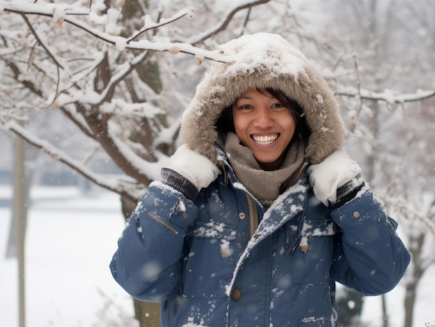 afroamerikanische Frau genießt den winterlichen schneebedeckten Tag in einer spielerischen, emotionalen, dynamischen Pose