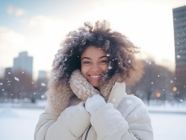 afroamerikanische Frau genießt den winterlichen schneebedeckten Tag in einer spielerischen, emotionalen, dynamischen Pose