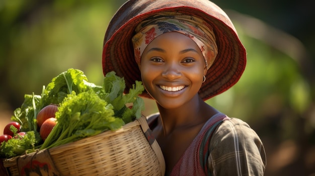 Afroamerikanische Frau hält einen Korb mit einer Ernte verschiedener Gemüsesorten