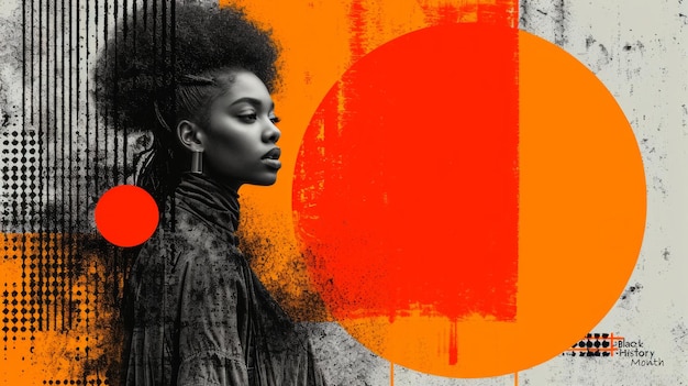 Afroamerikanische Frau mit Afro-Frisur auf grunge orangefarbenem Hintergrund Black History Month