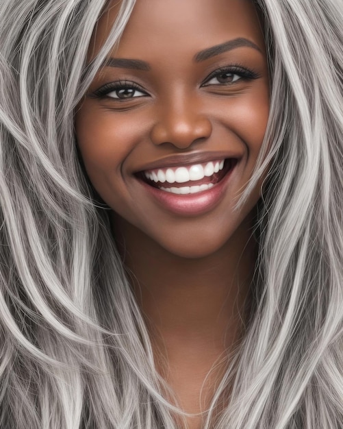 Afroamerikanische Frau mit einem schönen Lächeln, blonden Haaren und perfekten weißen Zähnen. Nahaufnahmeporträt