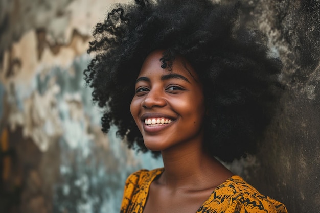 Afroamerikanische Frau mit lockigem schwarzem Haar, das Freude ausstrahlt