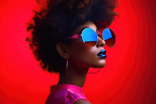 Afroamerikanische Frau mit Sonnenbrille und Neonlicht