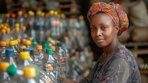 Afroamerikanische Frau recycelt Plastikflaschen