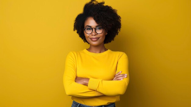 Afroamerikanische Frau steht mit gekreuzten Händen vor einem lebendigen gelben Kopierraum Konzept des Black History Month Afroamerikaner und Südafrika