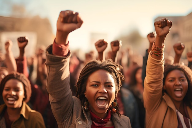 Afroamerikanische Frauen vereinen sich mit erhobenen Fäusten bei einer Kundgebung, die Stärke und Solidarität symbolisiert