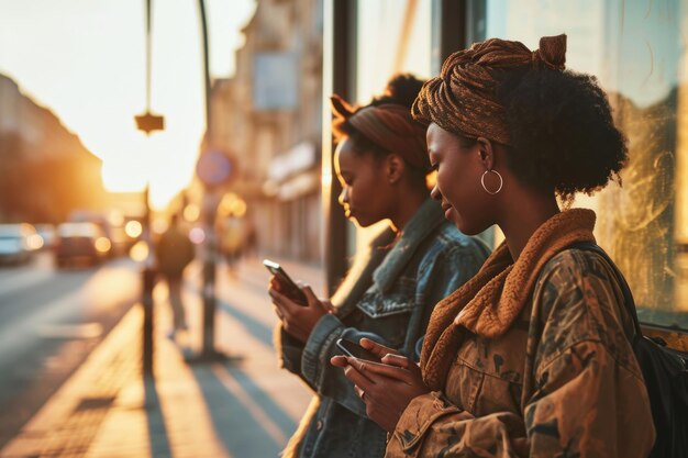 Afroamerikanische Freunde warten per Smartphone auf den Bus