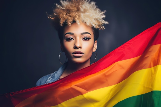 Afroamerikanische lesbische Frau mit LGBT-Flagge Das Konzept der Toleranz gegenüber Homosexuellen