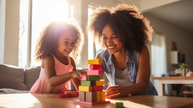 Afroamerikanische Mutter und Tochter bauen farbenfrohe Holztürme zu Hause