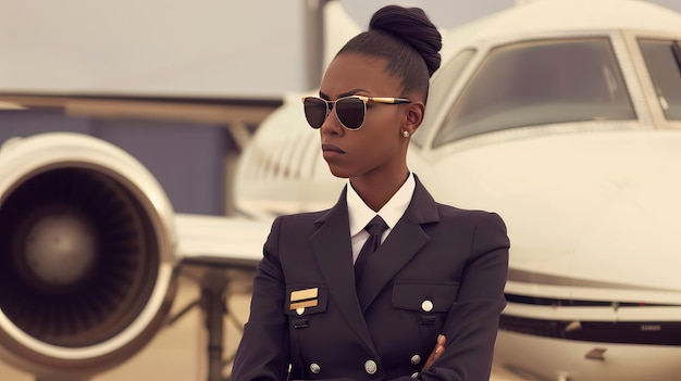 afroamerikanische Pilotin in Uniform und Sonnenbrille