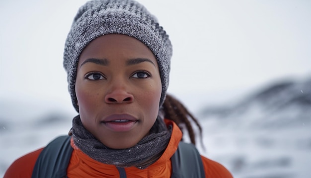 Afroamerikanische Trailläuferin im Schnee Winterübung Fitness Lebensstil Athletin Laufen